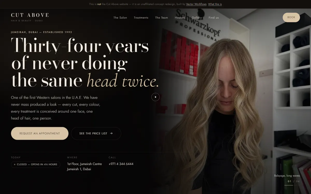 Screenshot of the Cut Above concept site: a dark editorial salon homepage with the headline 'Thirty-four years of never doing the same head twice' and a notice bar stating it is an unaffiliated concept redesign.