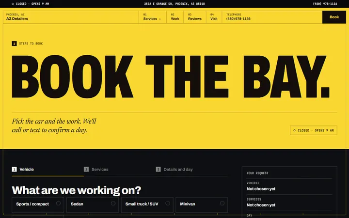 The booking page: Book the bay in large type above three steps, vehicle, services, and details and day, with the request summarised beside them.