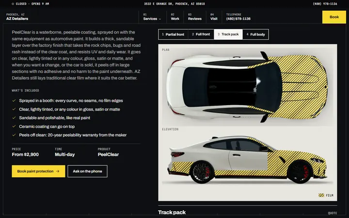 The paint protection section: four coverage buttons with Track pack chosen, hatching the covered panels on a plan view and a side view of the car.