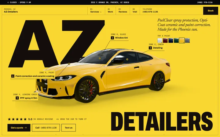 The AZ Detailers home page: AZ Detailers set huge in black on yellow, a 3D car with numbered callouts for its glass, cabin, paint and leading edges, and swatches to repaint it.