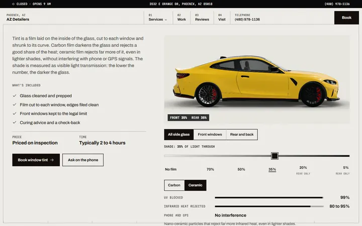 The window tint previewer: the car's glass at 35 per cent, a shade slider from no film to 5 per cent, and UV and heat figures for carbon and ceramic film.
