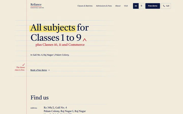 The Reliance Coaching Centre site on a desktop: All subjects for Classes 1 to 9 on ruled notebook paper with a red margin line, a red-pen tick beside The demo class is free, and Free demo and Call buttons in the header.