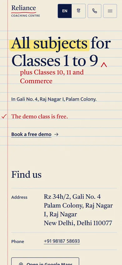 The Reliance Coaching Centre site on a phone, in English: All subjects for Classes 1 to 9 highlighted on ruled notebook paper, with a red-pen note that the demo class is free.